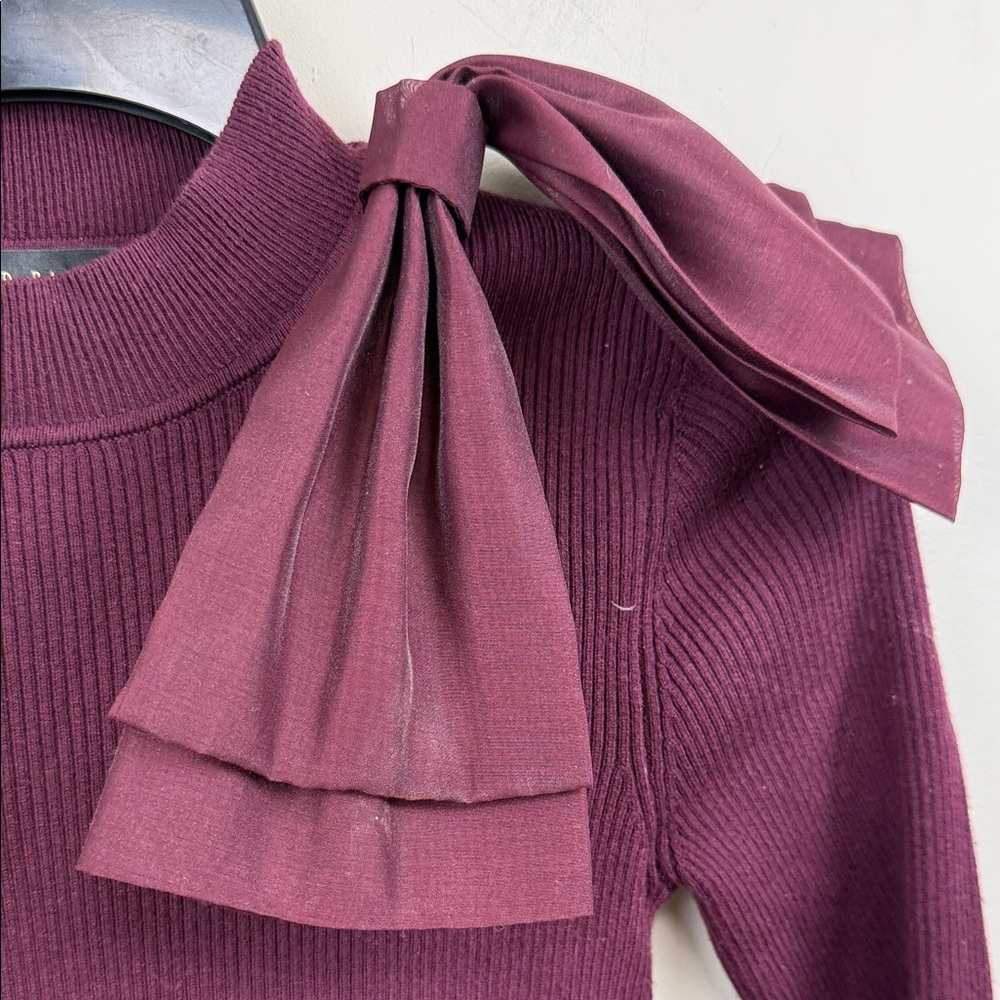 Ted Baker Plum Ribbed Mock Neck Sweater with Shoulder Bow - Picture 8 of 10